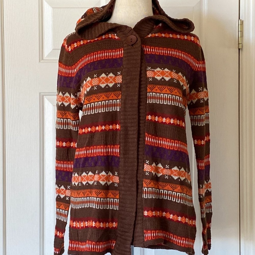 Effeci Hooded Fair Isle Patterned One Button Open Cardigan Sweater Brown Multi
